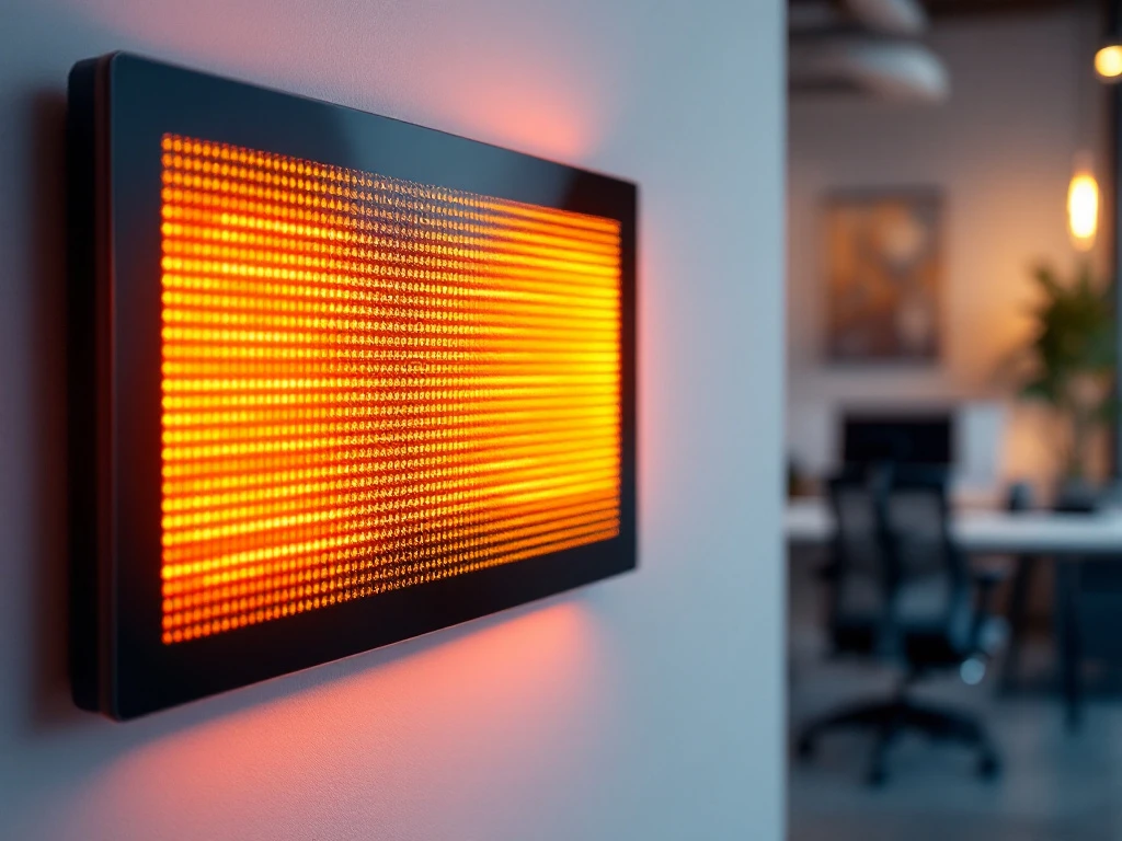 Moderne infrarood verwarmingspaneel met warme amber gloed gemonteerd op kantoorwand met zwart frame