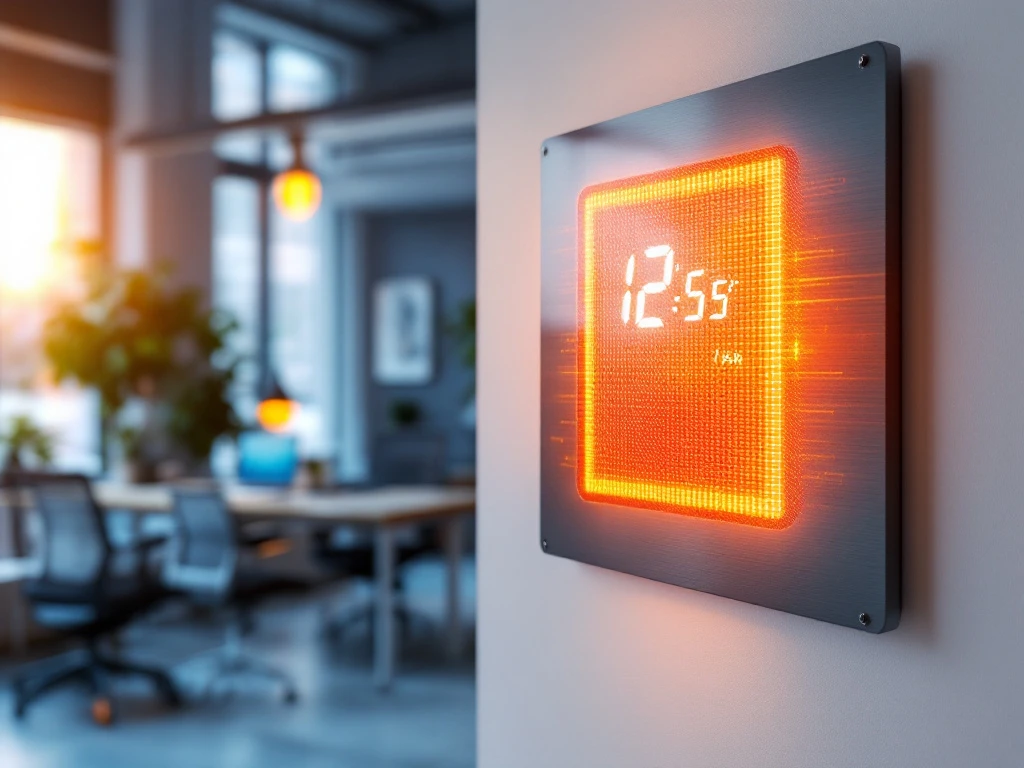 Infrarood verwarmingspaneel op witte muur met zichtbare warmtestraling en digitale thermometer in moderne kantoorruimte