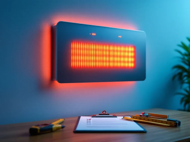 Moderne infrarood verwarmingspaneel op kantoorwand met veiligheidsindicatoren en checklist op bureau