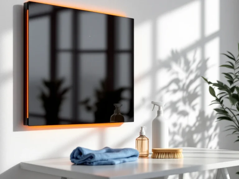 Infrarood verwarmingspaneel op witte muur met professionele schoonmaakbenodigdheden op modern bureau