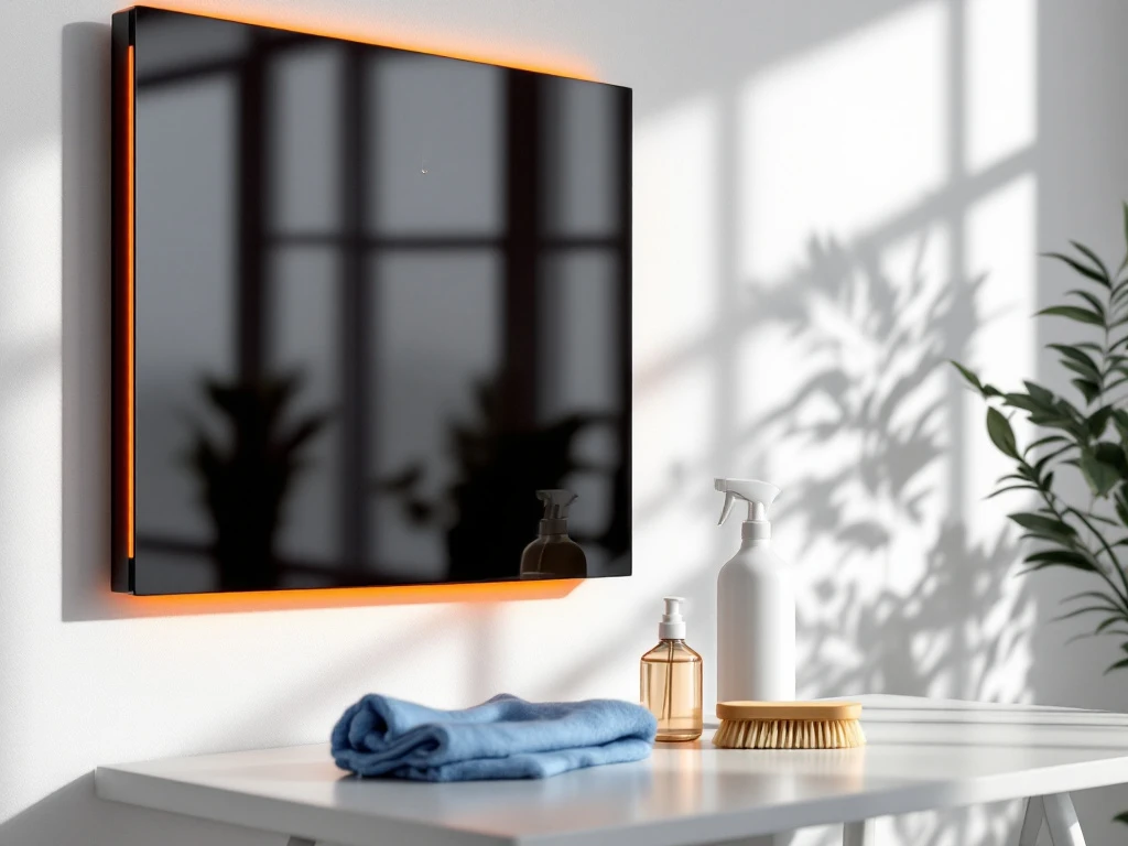 Infrarood verwarmingspaneel op witte muur met professionele schoonmaakbenodigdheden op modern bureau