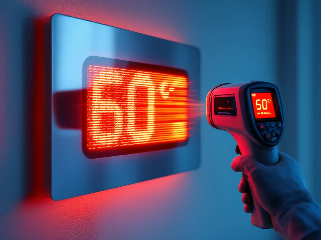 Moderne infrarood verwarmingspaneel op witte muur met 60°C display en infraroodthermometer die temperatuur meet