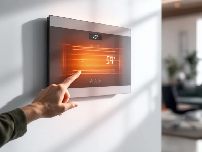 Moderne infrarood verwarmingspaneel op witte muur met digitale thermostaat en zichtbare warmtestraling in kantoor