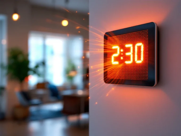 Moderne infrarood verwarmingspaneel op kantoorwand met oranje gloed en digitale timer die 2:30 toont