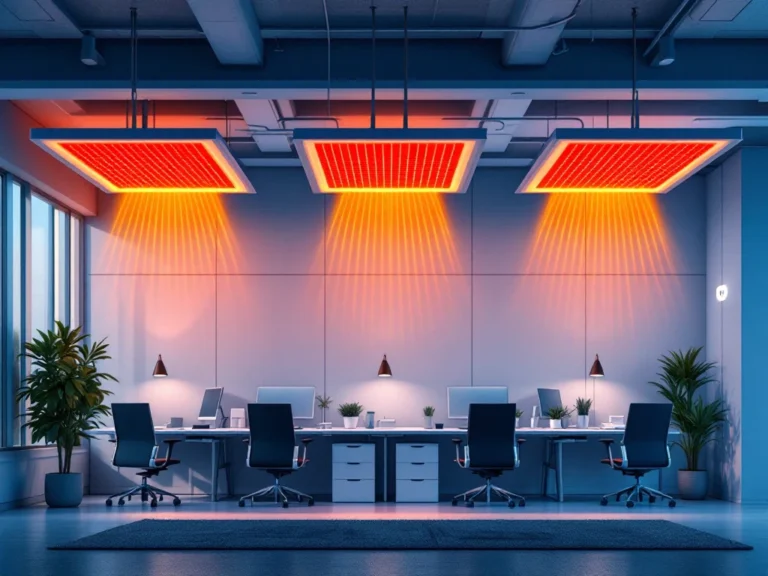 Doorsnede van modern kantoor met infrarood verwarmingspanelen aan plafond die warmtegolven naar beneden uitstralen