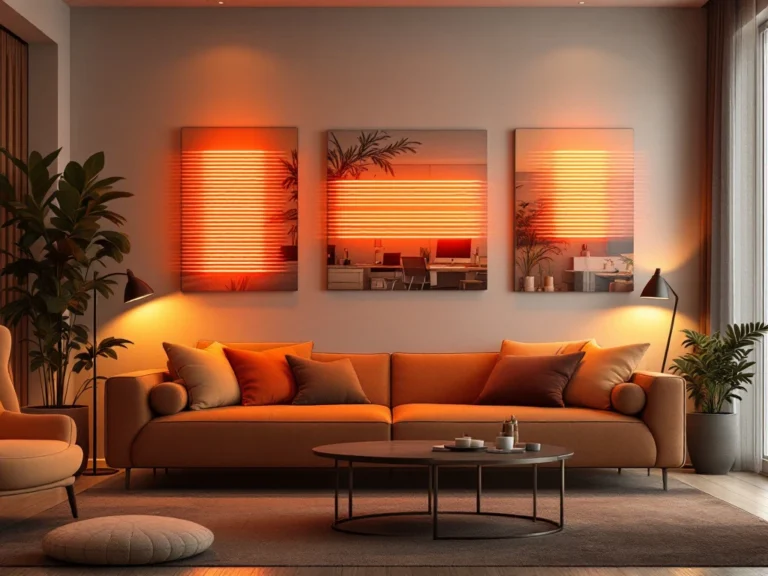 Moderne woonkamer met infrarood verwarmingspanelen aan de muur, split-screen met kantoor, slaapkamer en badkamer