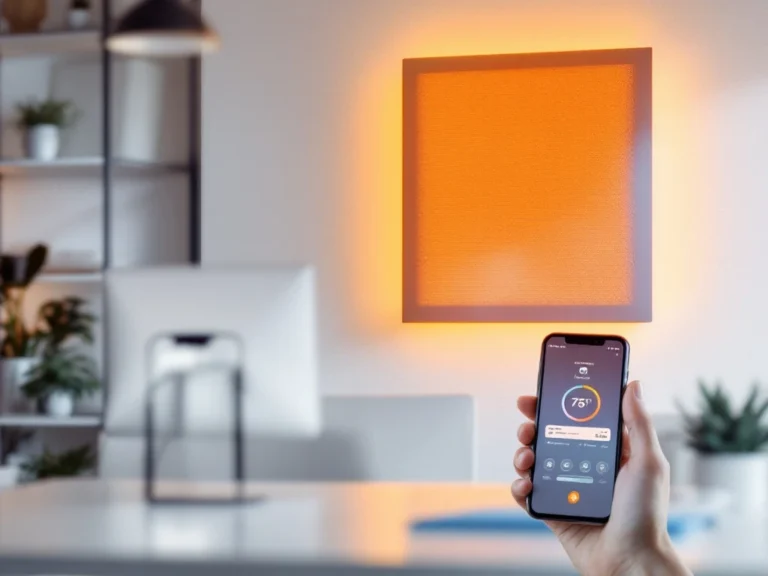 Moderne kantoorruimte met infrarood verwarmingspaneel aan witte muur en smartphone met slimme thermostaat-app