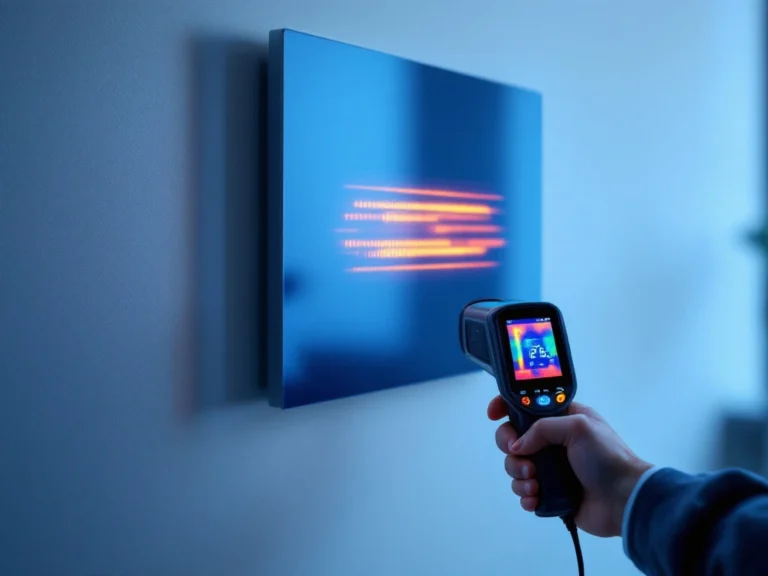 Moderne infrarood verwarmingspaneel op witte muur met thermometer en warmtebeeldcamera die temperatuurmetingen toont