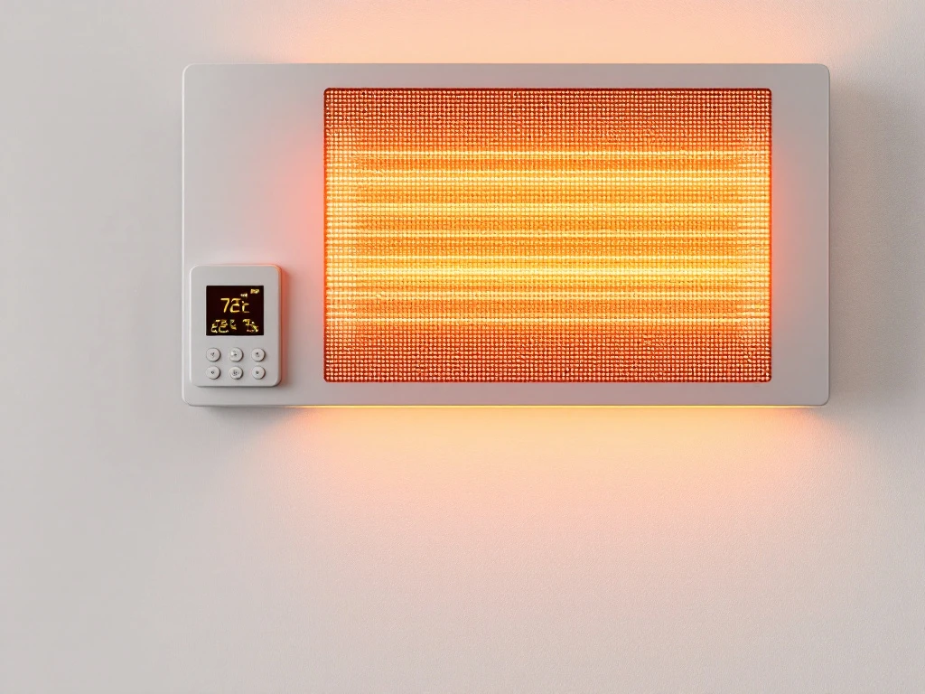 Digitale thermostaat met LED-display voor infrarood verwarmingspaneel dat warmte uitstraalt op witte muur