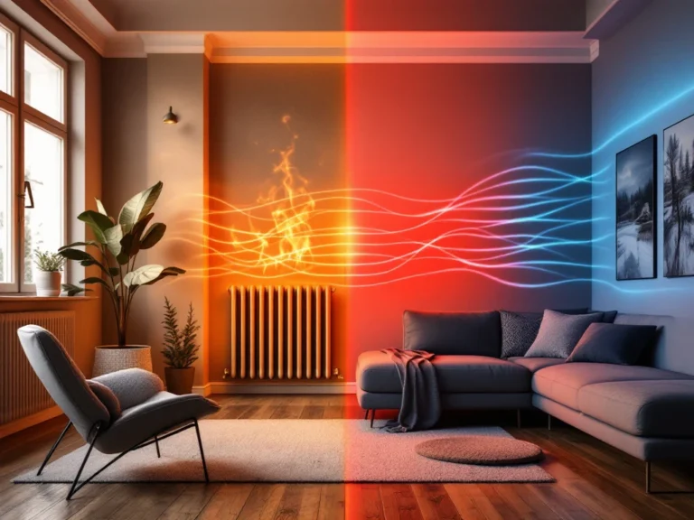 Vergelijking moderne Nederlandse woonkamer: traditionele radiatoren links versus energiezuinige infraroodpanelen rechts
