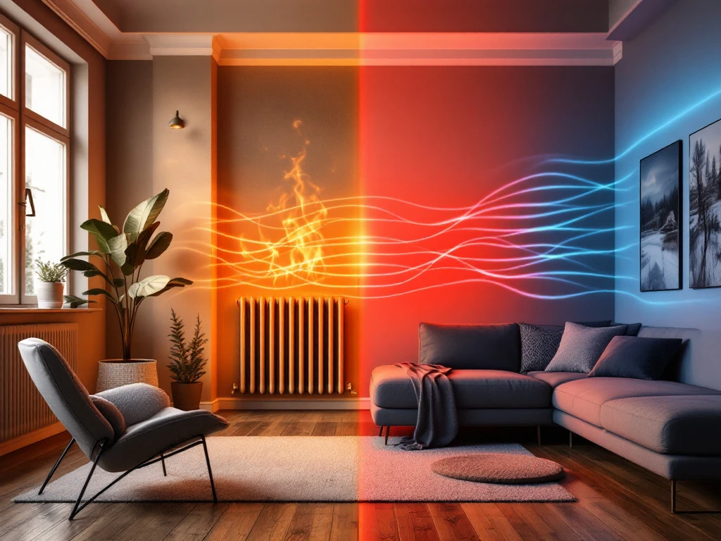 Vergelijking moderne Nederlandse woonkamer: traditionele radiatoren links versus energiezuinige infraroodpanelen rechts
