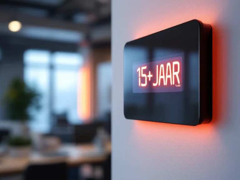 Moderne infrarood verwarmingspaneel met warme oranje gloed en LED-display "15+ JAAR" op witte muur in kantoor
