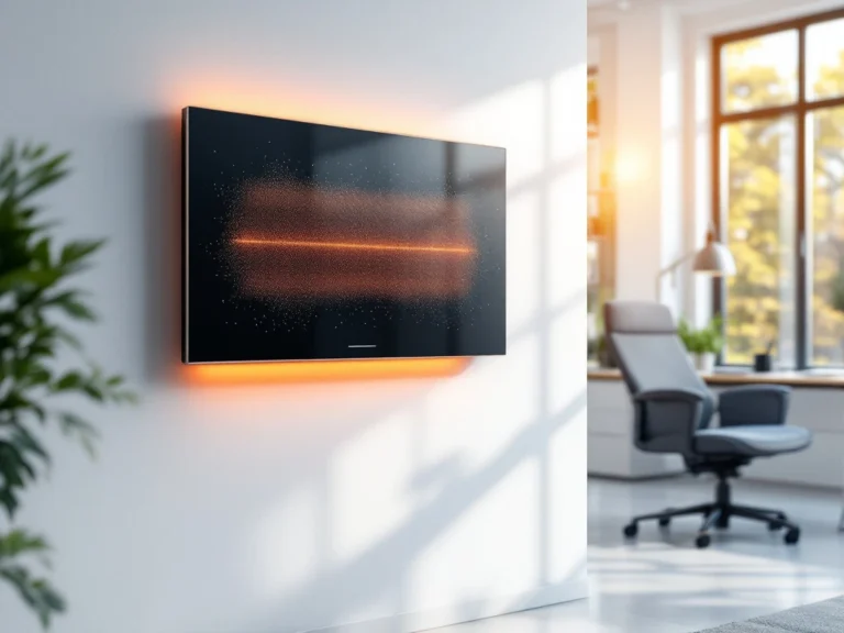 Infrarood verwarmingspaneel op kantoorwand met warme oranje gloed en moderne werkplek op de achtergrond