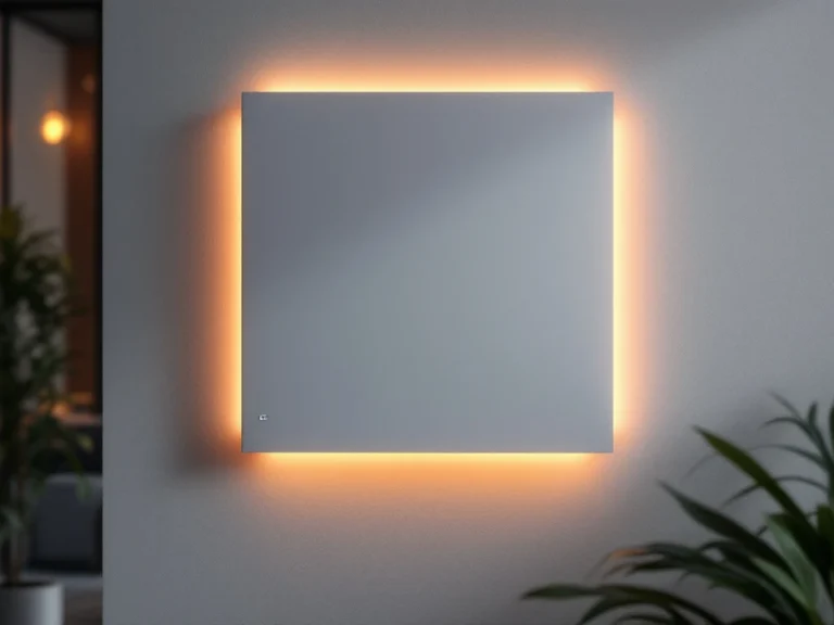 Witte infrarood verwarmingspaneel op kantoorwand met warmte-uitstraling en digitale thermometer in voorgrond