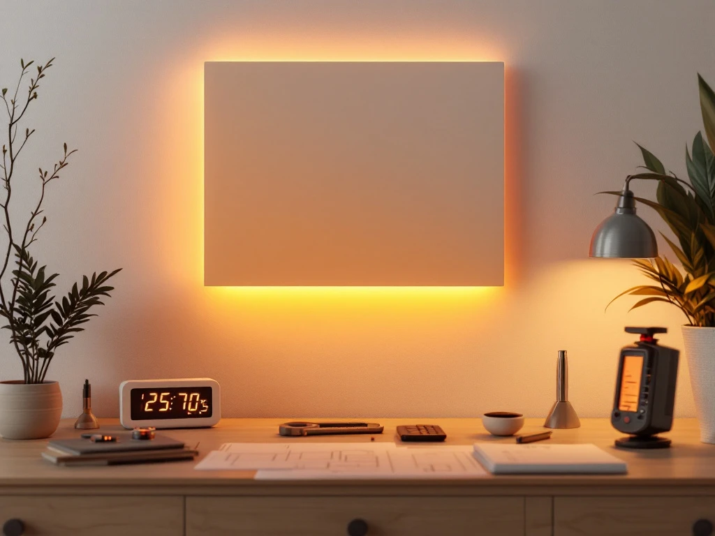 Moderne infrarood verwarmingspaneel op witte muur met oranje gloed, digitale wattmeter en meetinstrumenten op bureau