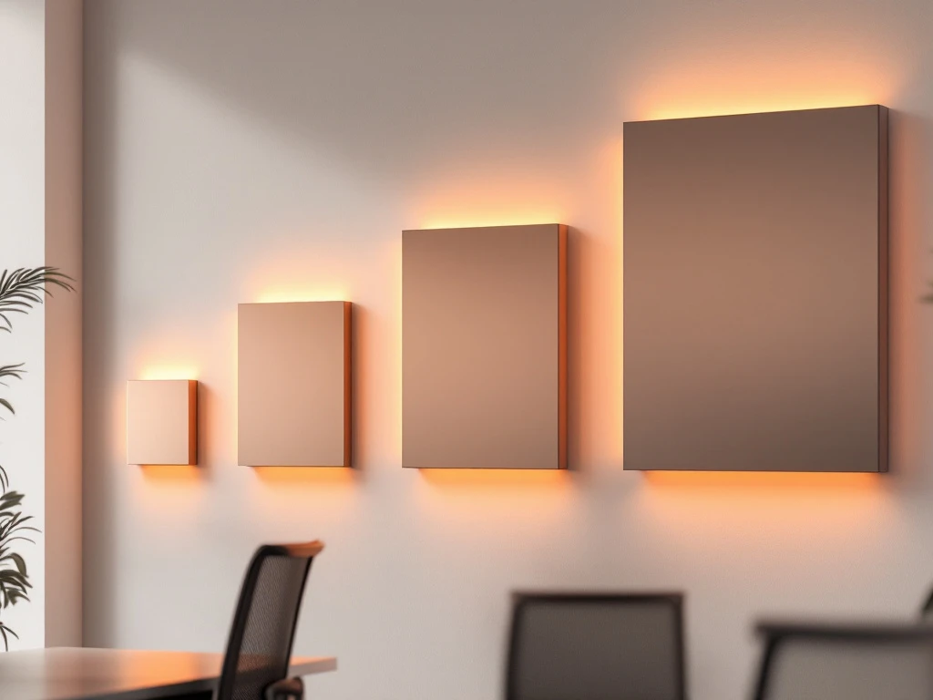 Infrarood verwarmingspanelen van verschillende formaten gemonteerd op moderne kantoorwand met warme oranje gloed