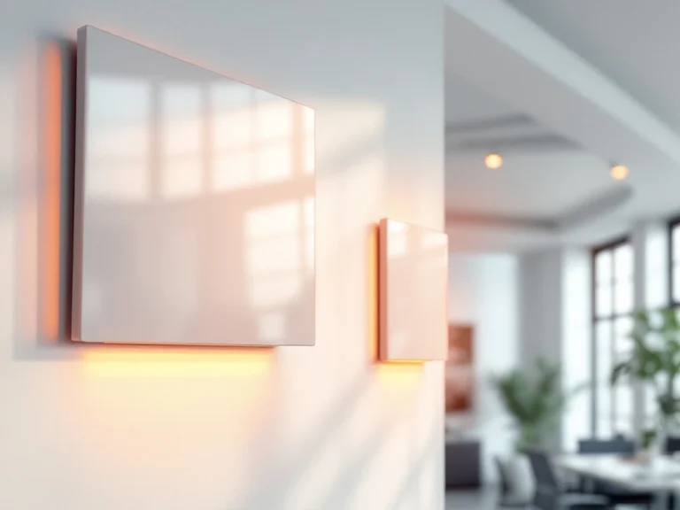 Moderne witte infrarood verwarmingspanelen gemonteerd op plafond en muur met zichtbare warmtestralen in kantooromgeving