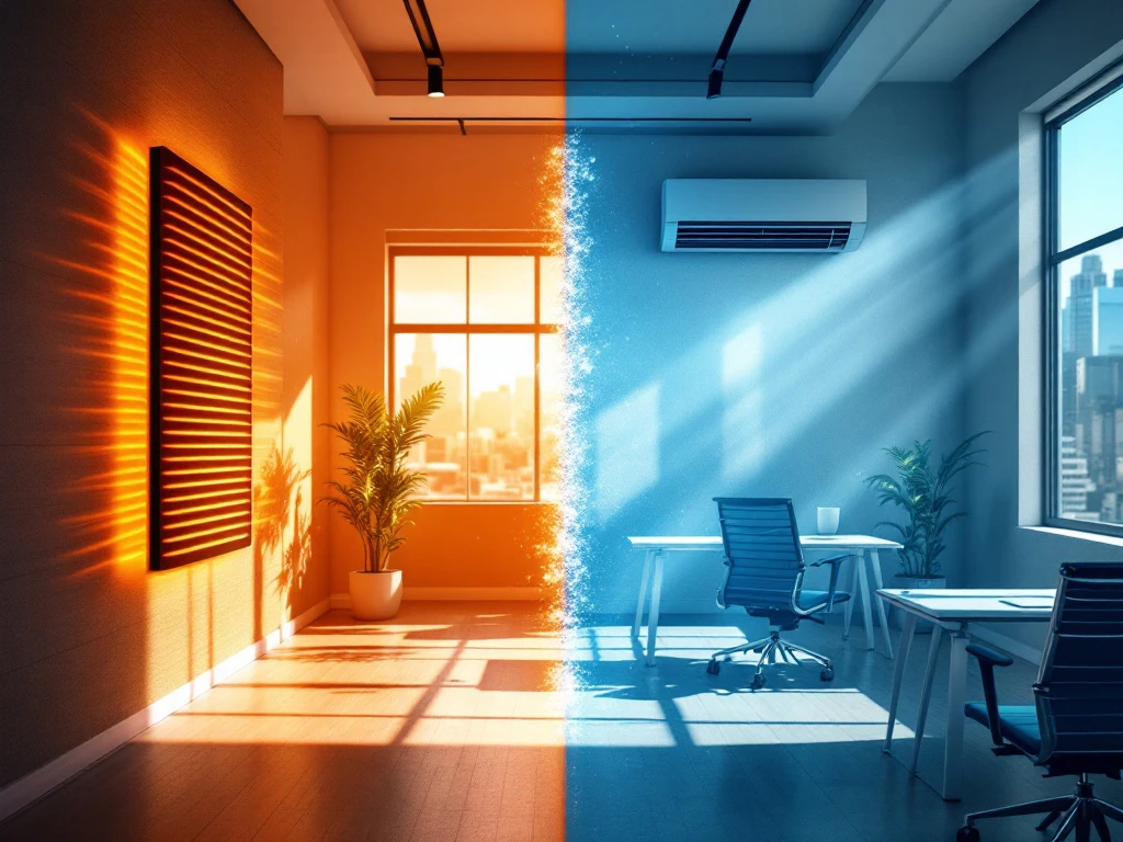 Moderne kantoorruimte met infraroodverwarming links en airconditioning rechts, toont temperatuurcontrast