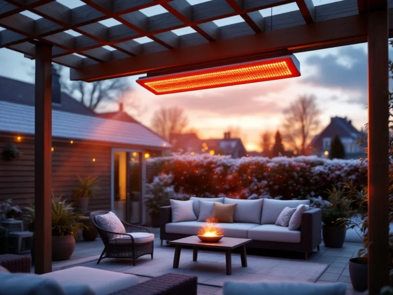 Moderne infrarood terrasverwarmer op houten pergola straalt warme oranje gloed uit op koele avond in Nederlandse tuin