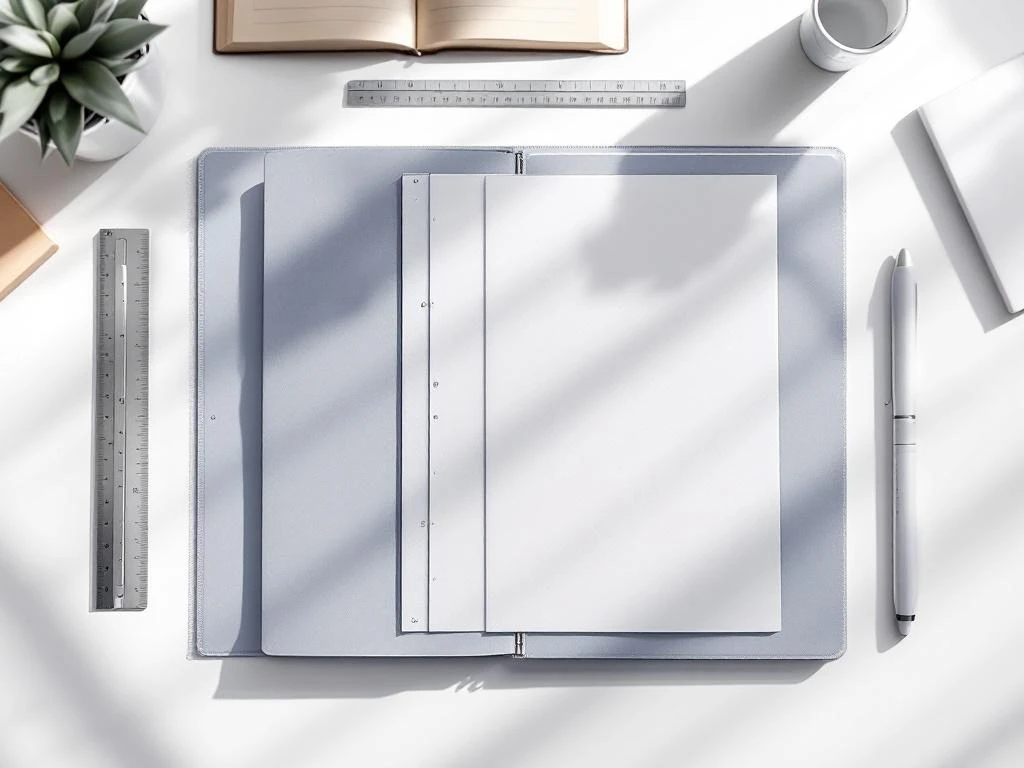 Grijze A4 hangmap van bovenaf gefotografeerd met liniaal en A4-papier ter groottevergelijking op wit bureau