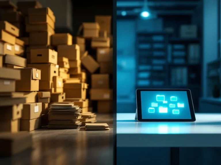 Gesplitst beeld van fysieke archiefboxen links en digitale tablet met mappen rechts, contrast oud en nieuw archiveren