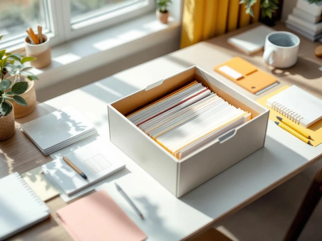 Archiefdoos met kleurmappen op bureau, omringd door archiveringsmaterialen en labelapparaat