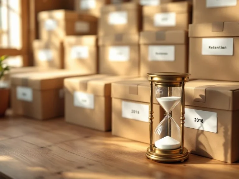 Archiefopslagdozen in rasterpatroon op houten bureau met koperen zandloper op voorgrond, daglicht van links