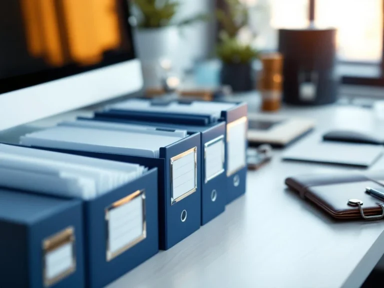 Georganiseerd modern bureau met donkerblauwe archiefmappen, leren documenthouder en chromen accessoires in natuurlijk licht