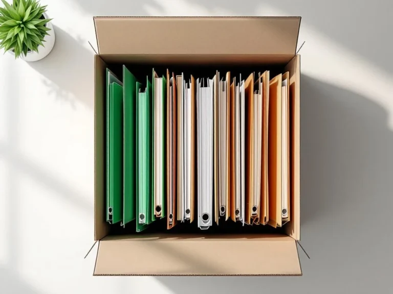 Archiefdoos met hangende mappen in groen en manila, georganiseerd op metalen rails voor kantooropslag