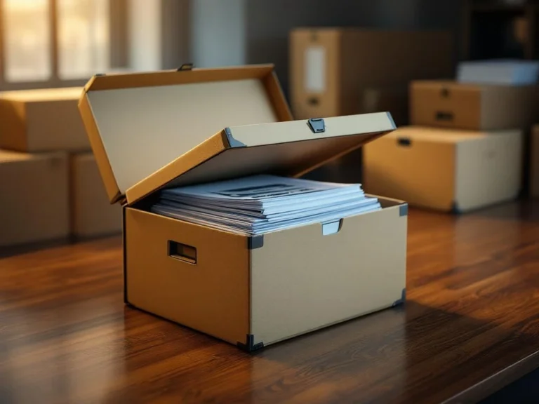 Versterkte archiefbox met versterkte hoeken op bureau, gedeeltelijk geopend met documenten en mappen erin