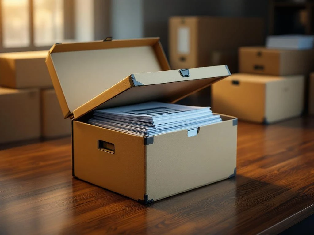 Versterkte archiefbox met versterkte hoeken op bureau, gedeeltelijk geopend met documenten en mappen erin