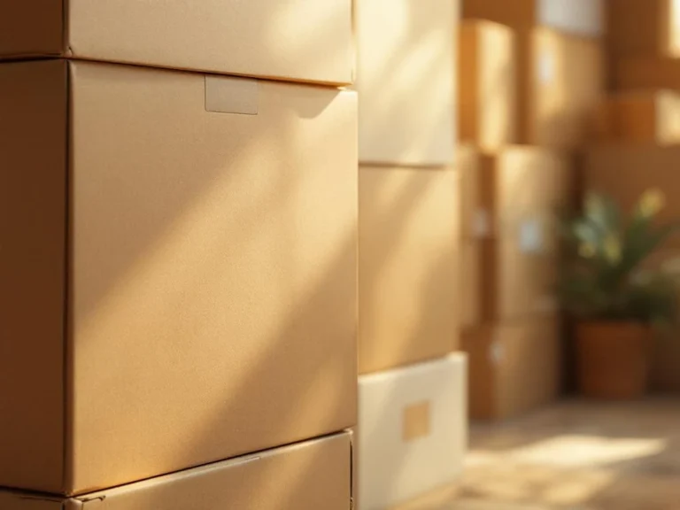 Stapel kartonnen archiefboxen met gegolfde textuur in warm natuurlijk licht, beige en bruine tinten