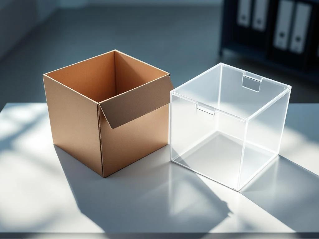 Twee archiefboxen op bureau: bruine kartonnen doos naast transparante plastic doos voor kantooropslag