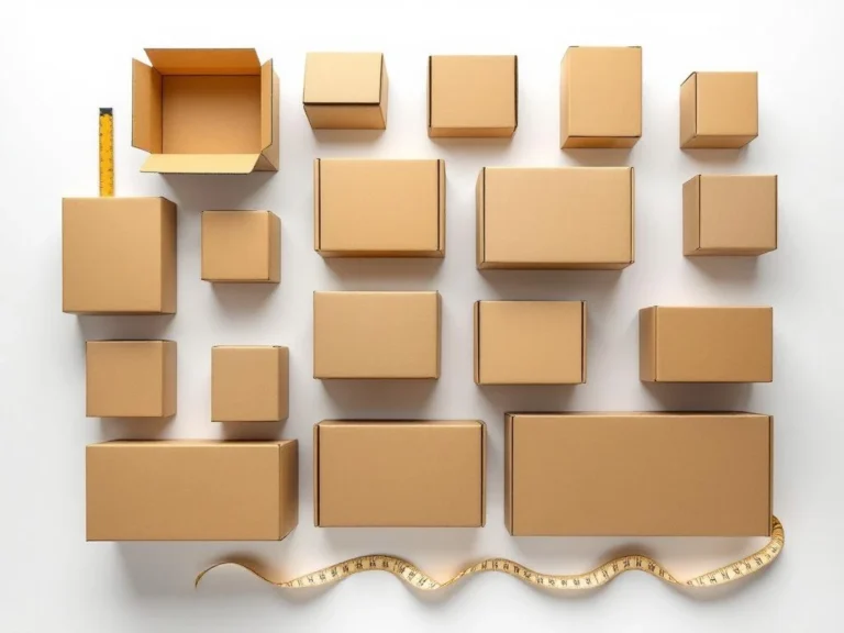 Verschillende archiefboxen in bruine karton tinten op wit bureau met meetlint, gerangschikt in diverse formaten