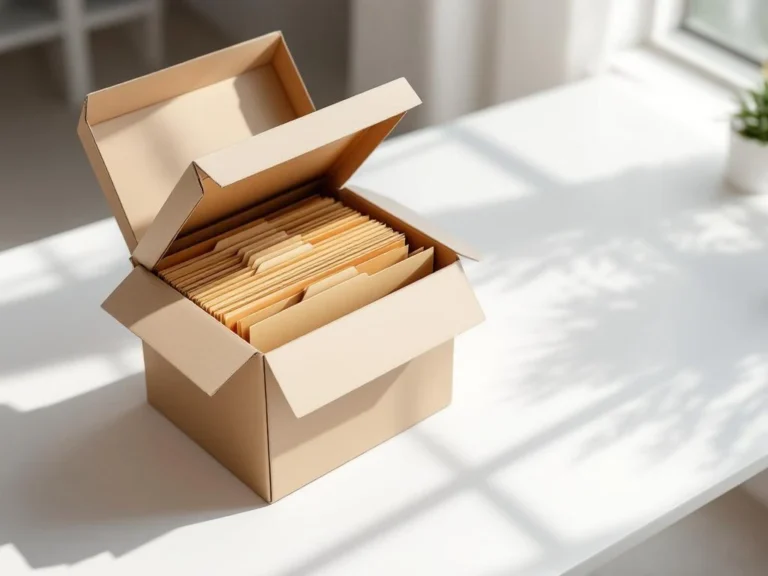 Archiefopbergdoos met deksel open toont georganiseerde mappen op wit bureau met natuurlijk licht