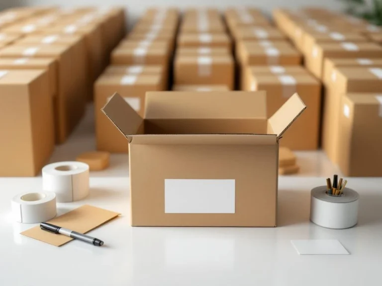 Open archiefkartonnen doos met labelbenodigdheden op wit bureau, georganiseerde documentopslag op kantoor