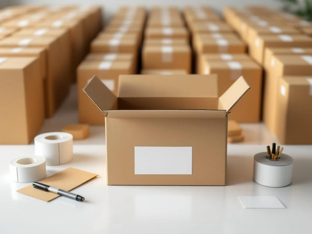 Open archiefkartonnen doos met labelbenodigdheden op wit bureau, georganiseerde documentopslag op kantoor