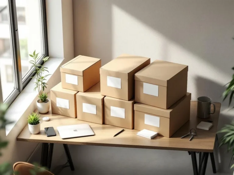 Kartonnen archiefboxen in verschillende maten op modern kantoorbureau met laptop en kantoorbenodigdheden