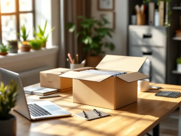 Kartonnen archiefboxen op modern bureau met laptop en kantoorbenodigdheden in natuurlijk licht