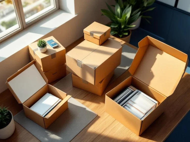 Kartonnen archiefboxen in verschillende maten op bureau met natuurlijk licht en georganiseerde documentcompartimenten