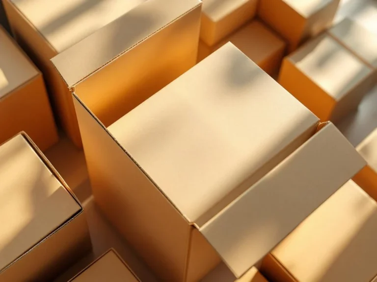 Kartonnen archiefboxen in kraft bruin en wit, open en gesloten, diagonaal gerangschikt op werkblad