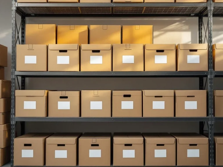 Gestapelde bruine archiefdozen op metalen stellingen in goed verlichte opslagruimte met natuurlijk licht