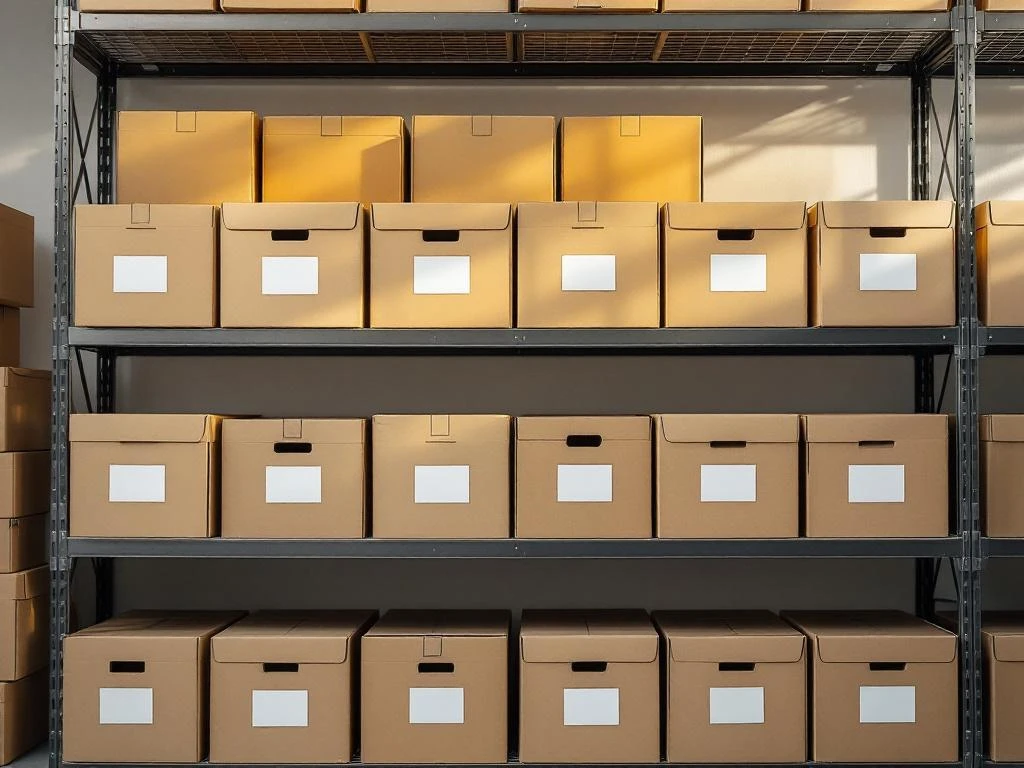 Gestapelde bruine archiefdozen op metalen stellingen in goed verlichte opslagruimte met natuurlijk licht