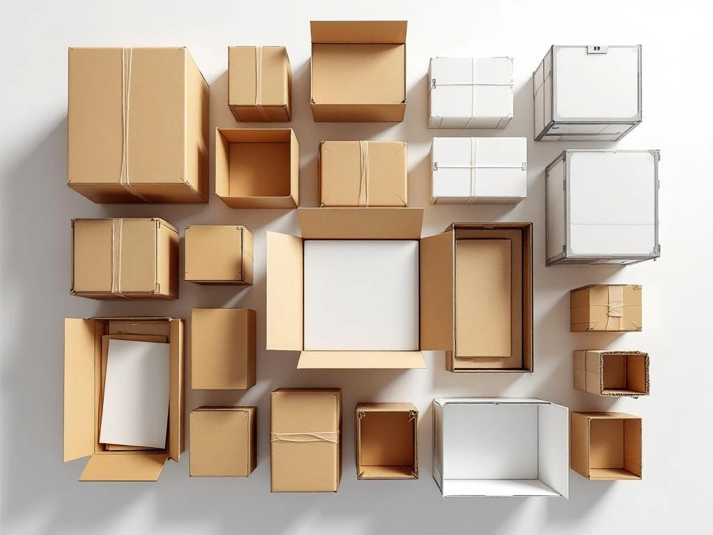 Diverse archiveringsdozen in karton en zuurvrij materiaal gerangschikt in geometrisch patroon van bovenaf gefotografeerd