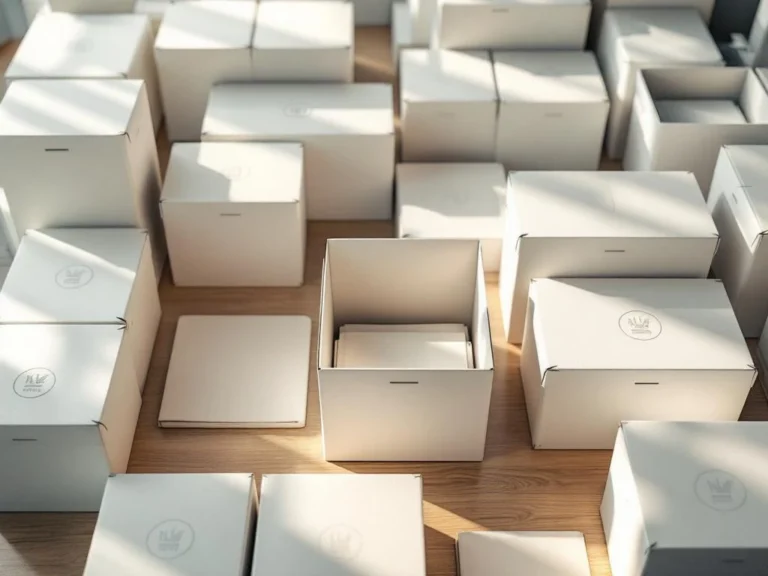 Witte archiefopslagdozen in geometrisch patroon op houten bureau, sommige geopend met documenten zichtbaar.