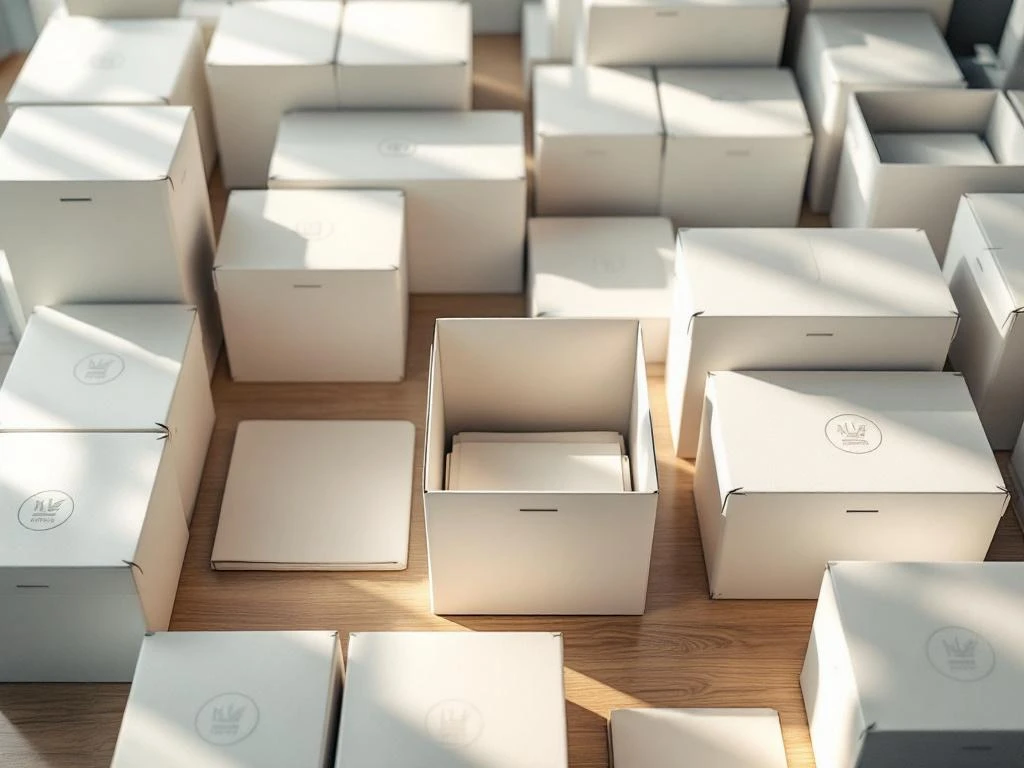 Witte archiefopslagdozen in geometrisch patroon op houten bureau, sommige geopend met documenten zichtbaar.