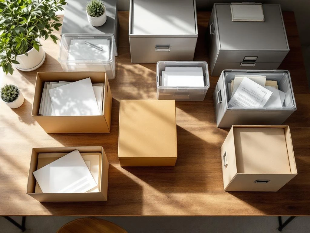 Archiefopslagdozen van karton, plastic en metaal op houten bureau met documenten en natuurlijk licht