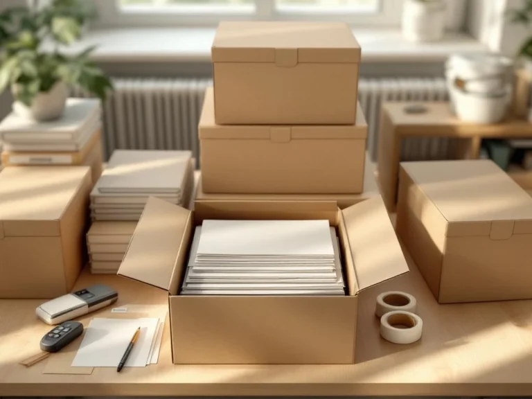 Archiefopslagdozen in beige en grijs gestapeld op houten bureau met zichtbare documenten en archiveringsmaterialen