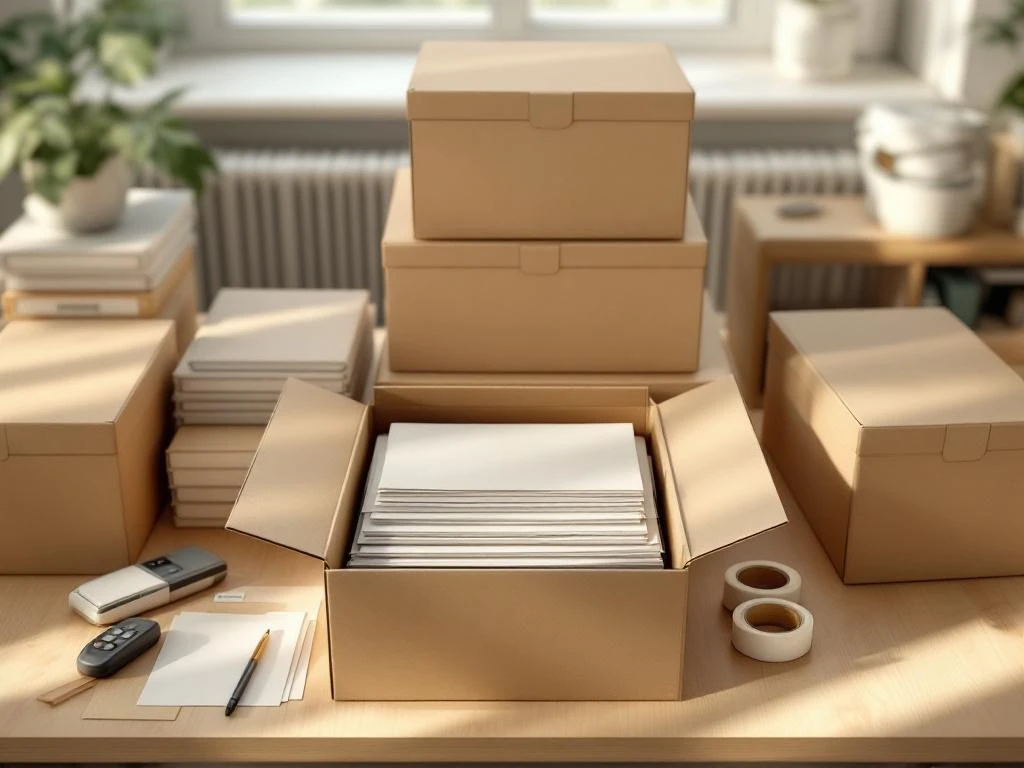 Archiefopslagdozen in beige en grijs gestapeld op houten bureau met zichtbare documenten en archiveringsmaterialen