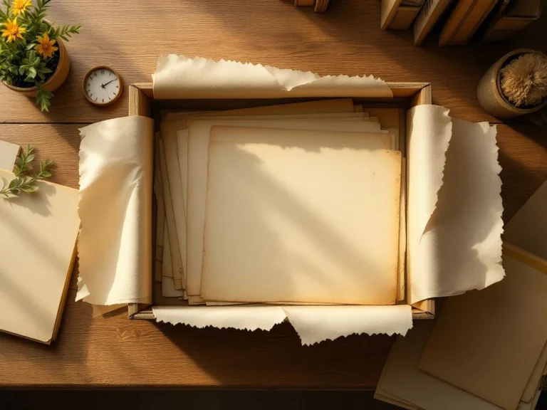 Vintage documenten in archiefdoos op houten bureau met natuurlijk licht en bewaarmaterialen